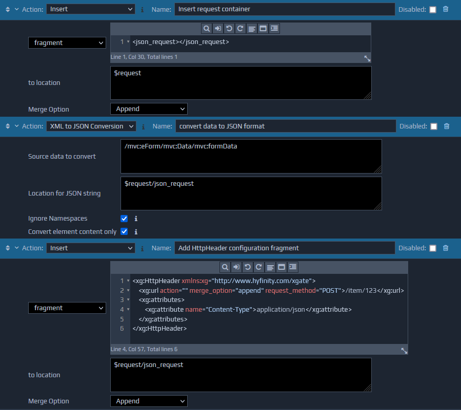 Example rule actions showing how to post JSON data to a REST service.